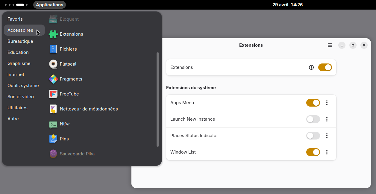 Menu des applications